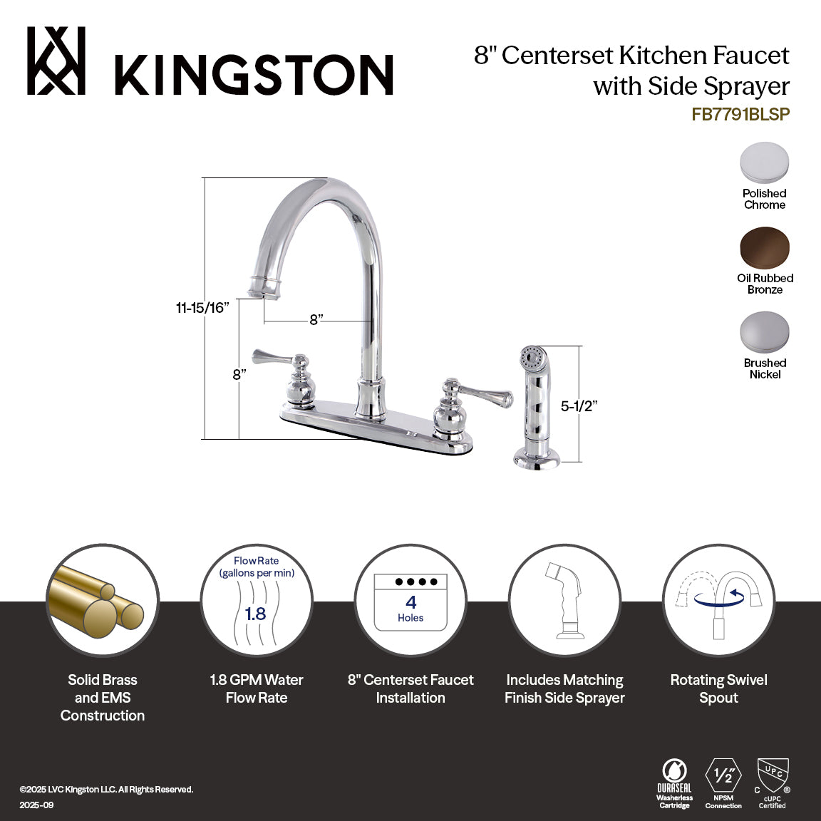 Kingston Tulare FB7791BLSP - Vintage Two-Handle 4-Hole 8" Centerset Kitchen Faucet with Side Sprayer, Polished Chrome — thumbnail 3